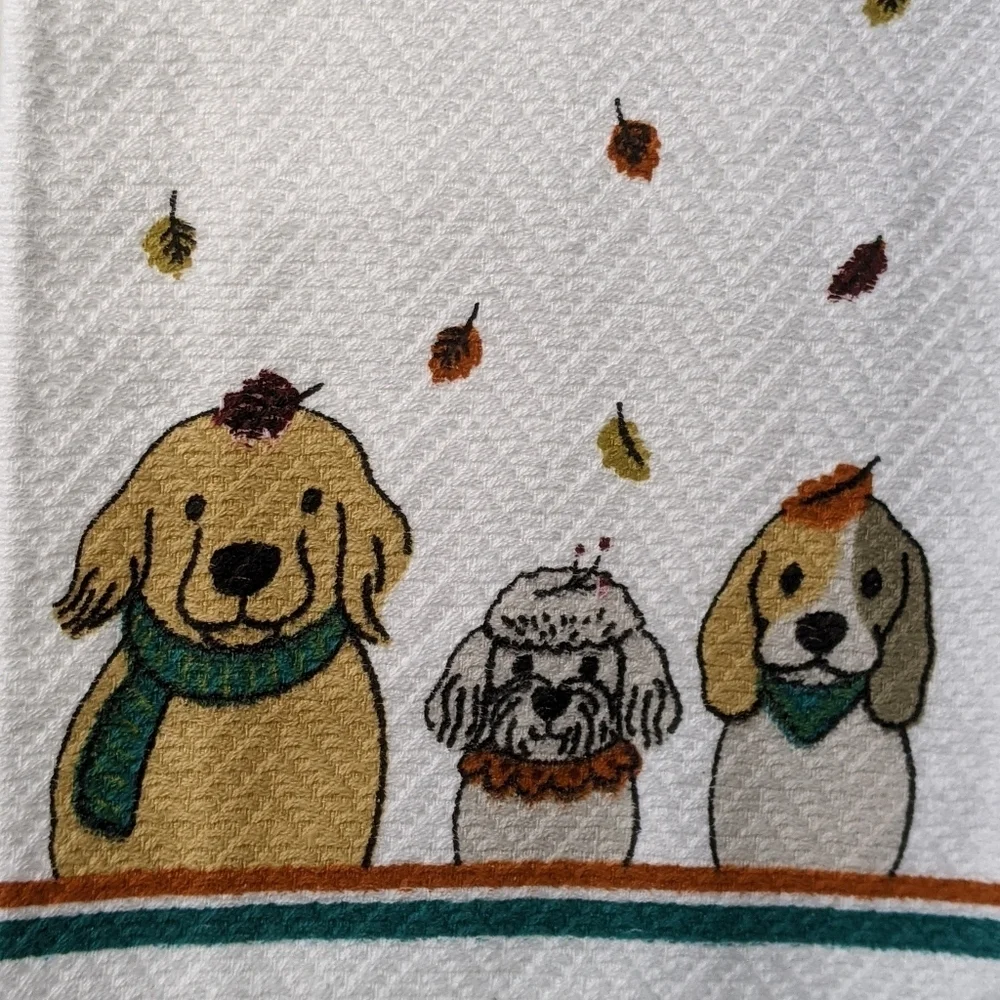 Dog Print Fall Autumn Leaves Theme Kitchen Towel Set Of Two White Multi NWT